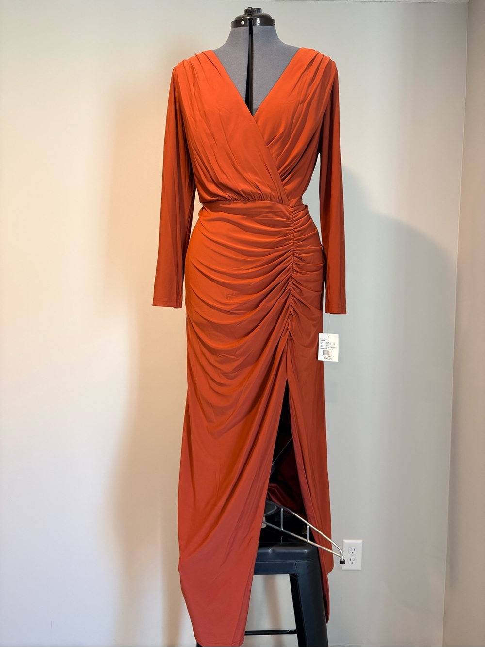 Ruched Wrap Long-Sleeve Modest Maxi Dress in Gorgeous Cinnamon Rust Hue